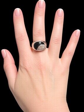 925 Sterling Silver Black Enamel Crystal Statement Ring Size 8 Approx